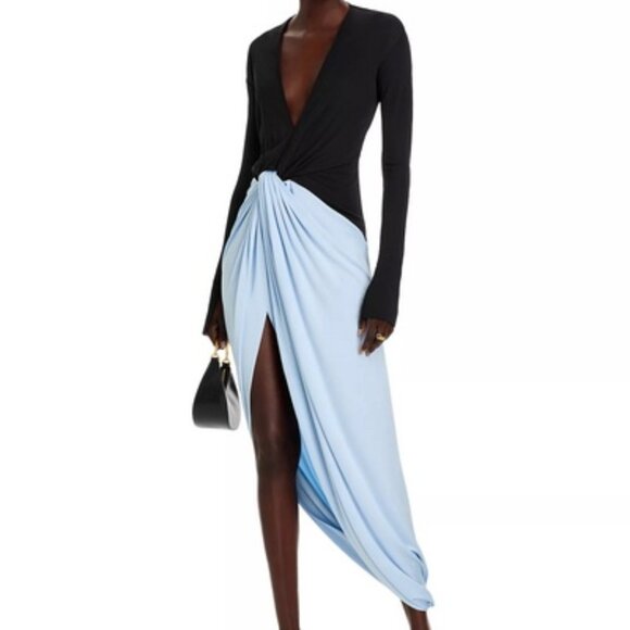 Victoria Beckham Black Blue Long Sleeve Knot-Detail Jersey Gown - Picture 2 of 4